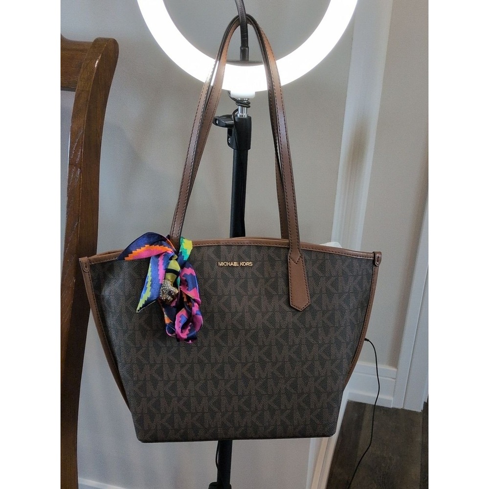 Michael Kors MK Signature Brown Logo Tote Bag Leather Trim Gold Hardware